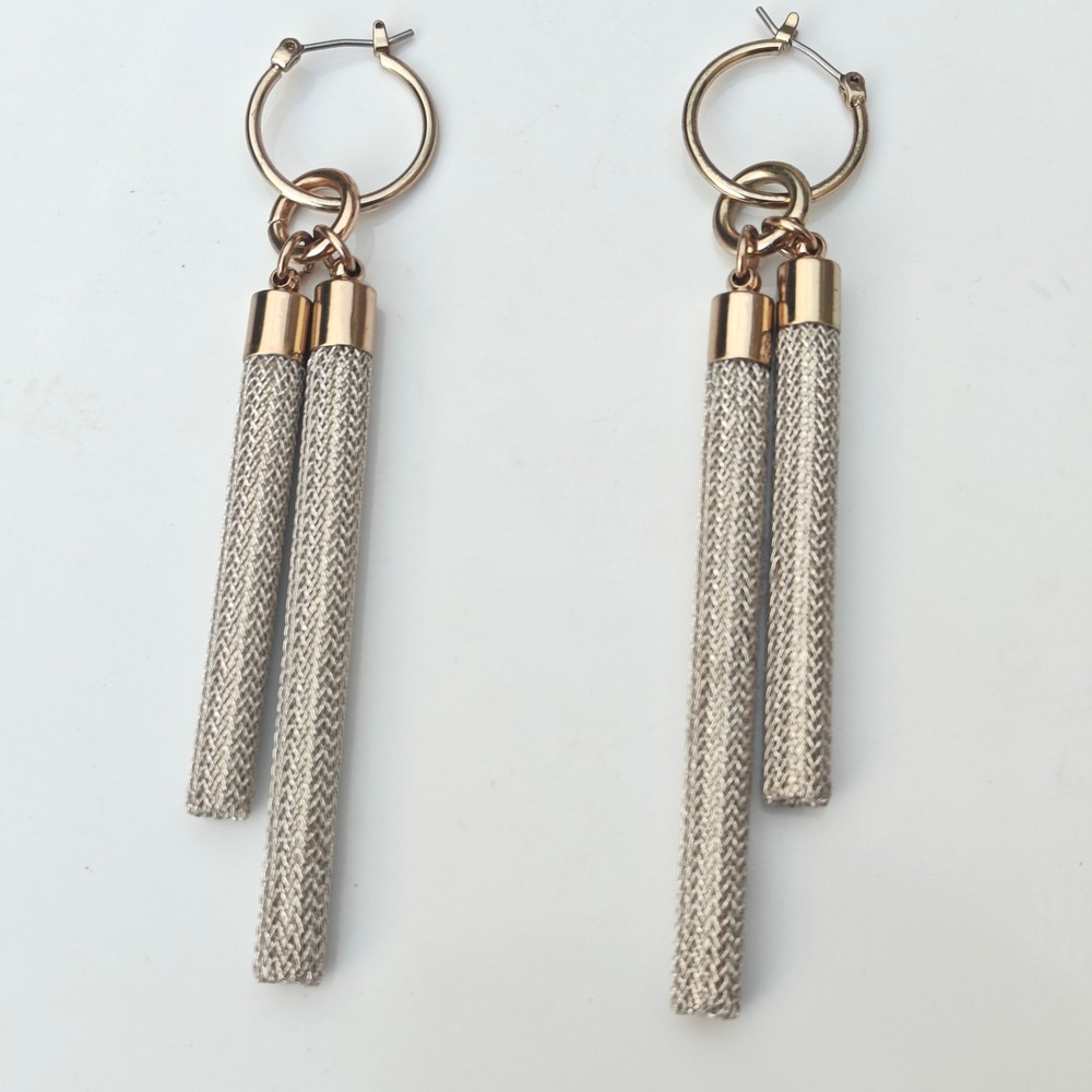 Gold Silver Tone Mesh Tassel Drop Rod Earrings Long Champagne Dangle Metallic